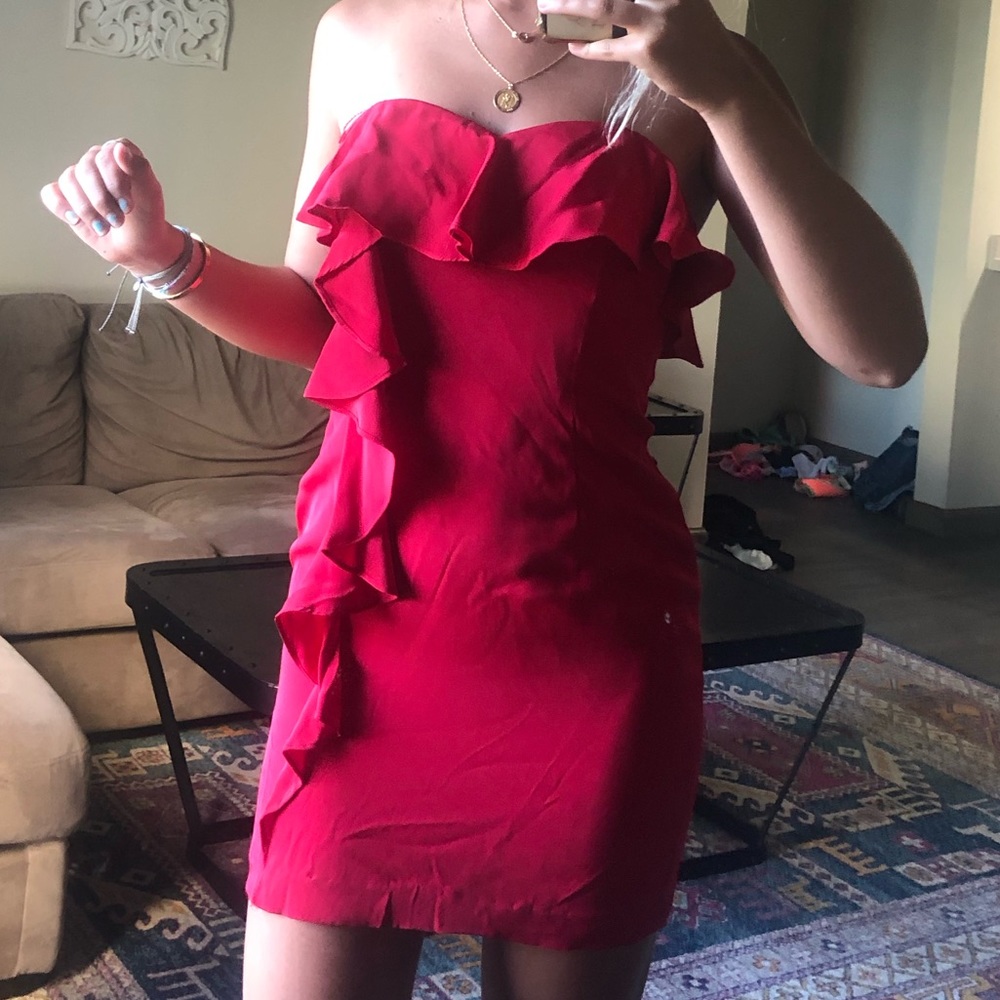 Strapless red silk dress